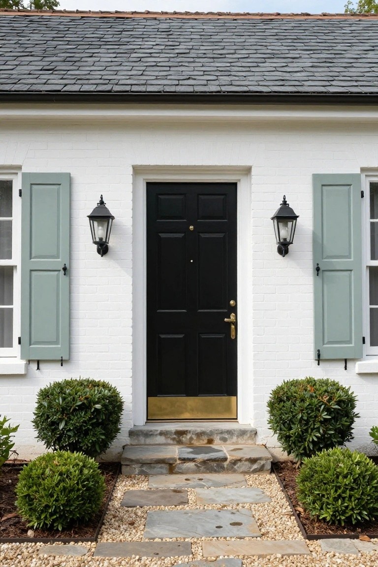 White brick house exterior featuring a black paneled front door with brass knocker, flanked by green shutters and lanterns, stone steps, gravel path, and boxwood shrubs.