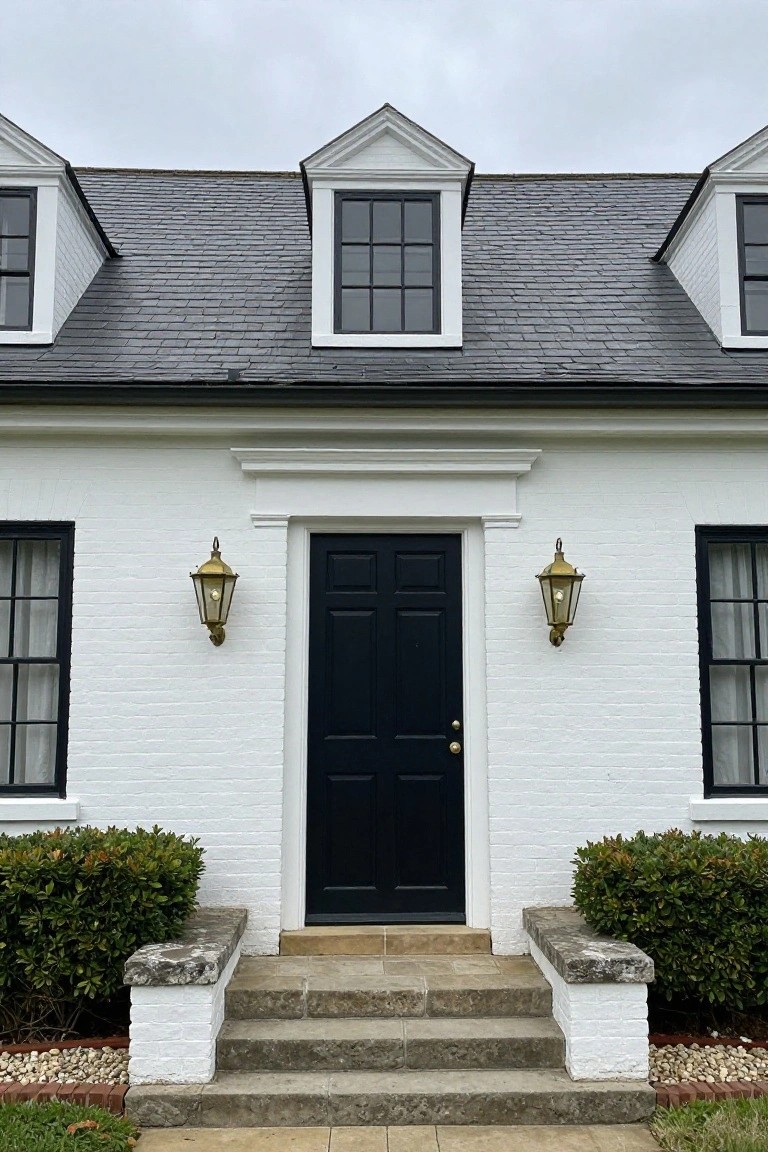 White brick colonial house facade with centered black paneled door under white pediment, flanked by brass lanterns and black-framed windows, slate roof with dormers, stone steps and boxwood shrubs.