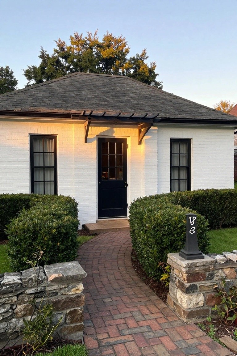 Small single-story white brick house with dark gray roof, black front door and window frames, covered entry porch, brick walkway flanked by boxwood hedges and stone pillars marked V8, lawn, and trees in background.