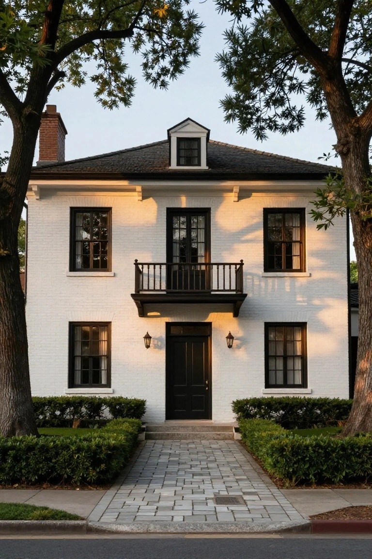Two-story white brick colonial house with black window frames, black front door, upper balcony with black railing, flanked by trees and boxwood hedges, gray paver path to entrance.