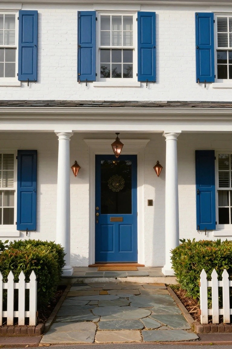 White brick colonial house exterior featuring blue shutters on multi-pane windows, a blue front door with glass panel and brass knocker, porch with white columns and copper lanterns, boxwood shrubs, and white picket fence along a slate stone walkway.