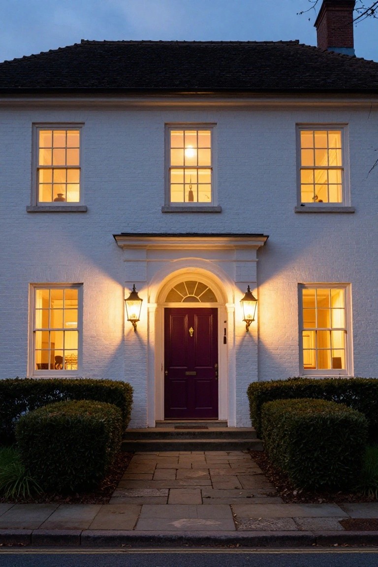 White brick colonial house facade at dusk with multiple lit sash windows, purple front door under arched porch flanked by two lanterns, boxwood shrubs on sides, and stone pathway leading to street.