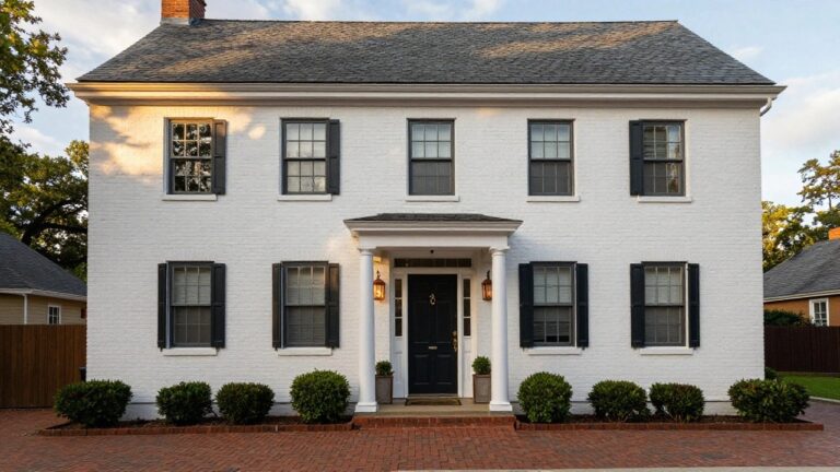 19 Colonial House Exterior White Brick Ideas That Look Fresh And Elegant Two-story white brick colonial house with black shutters on multi-pane windows, columned front porch with black door, brick walkway, and low shrubs in the yard.