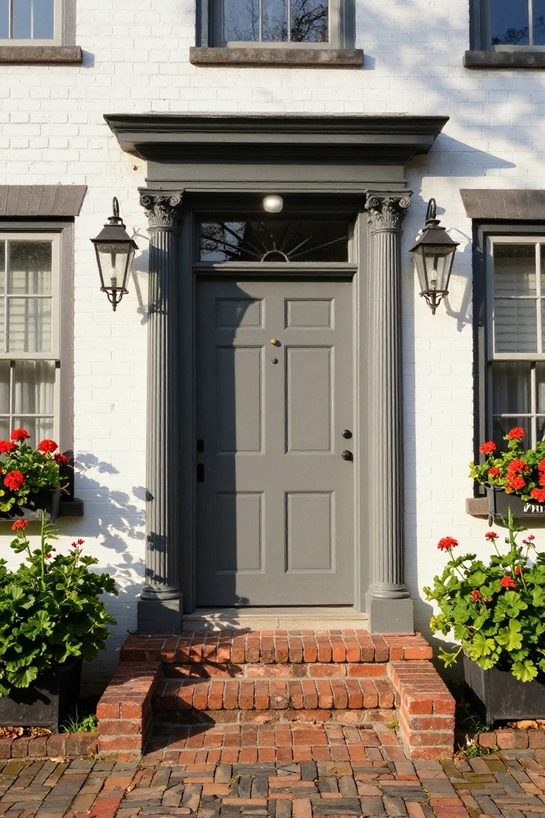 White brick colonial house facade with gray paneled front door centered under a pediment, flanked by fluted columns and lanterns, red geraniums in black planters on each side, and brick steps leading up.