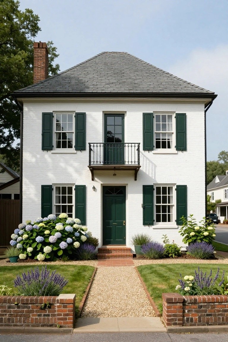 A two-story white brick colonial house with green shutters and front door, a second-floor iron balcony above the entry, dark slate roof, and front yard landscaping including hydrangeas, lavender, gravel path, and brick edging.