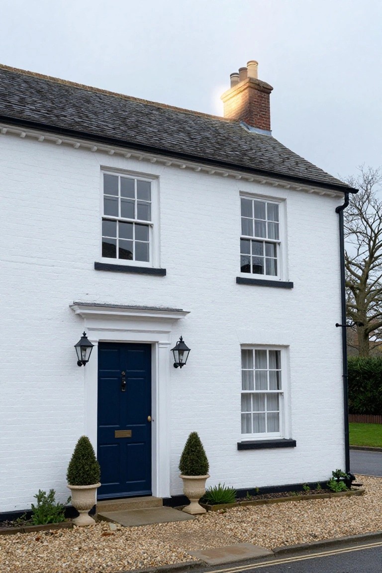 Two-story white brick house with slate roof, navy blue front door flanked by black lanterns and potted topiary shrubs, black window sills, gravel path, and street curb.