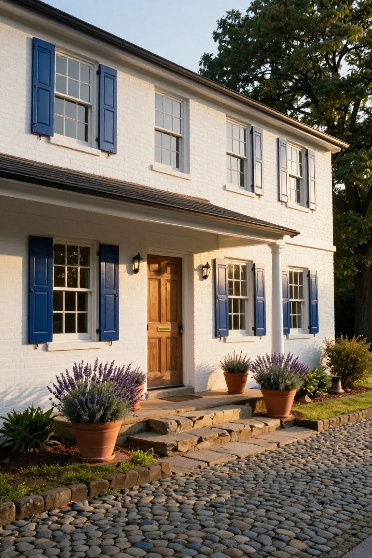 White brick colonial house with navy blue shutters on multi-pane windows, wooden front door under a covered porch with columns, terracotta pots of lavender plants beside stone steps, and a cobblestone pathway.