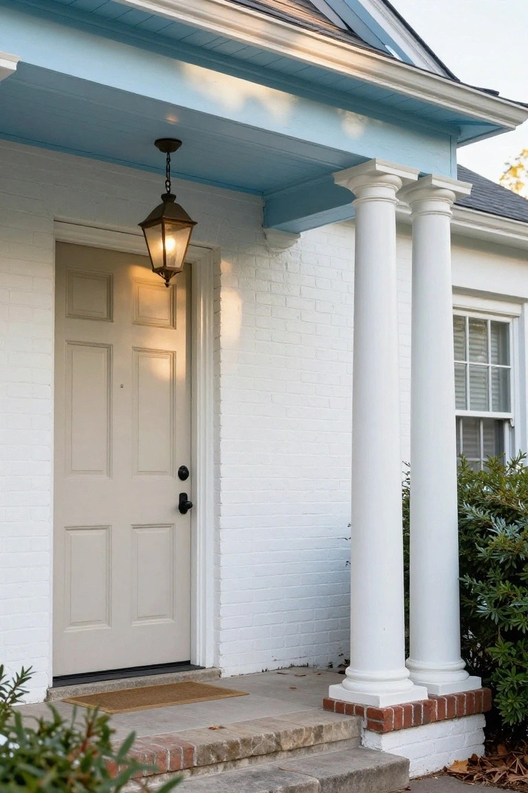 White brick house front with light beige six-panel door centered under a blue porch ceiling, flanked by two tall white fluted columns, a hanging bronze lantern light, and brick steps with shrubs.