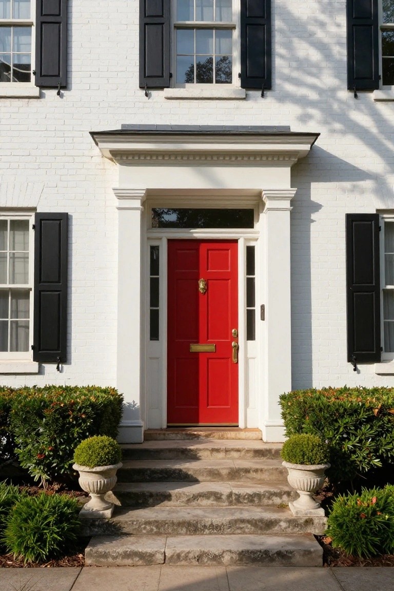 White brick colonial house facade with black shutters, red front door with brass knocker and handle, white columns, stone steps, and boxwood shrubs in urns.