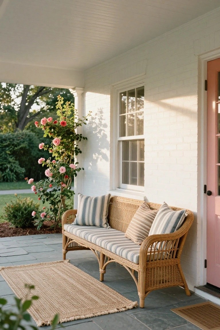 White brick house porch with wicker bench cushions in striped blue and white fabrics, tan pillows, seagrass rug on slate floor, pink front door, and pink climbing roses on trellis.