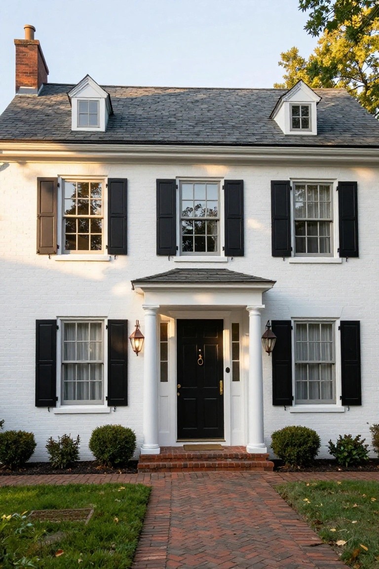 Two-story white brick colonial house with black shutters on multi-pane windows, columned front porch with black door, brick walkway, and low shrubs in the yard.