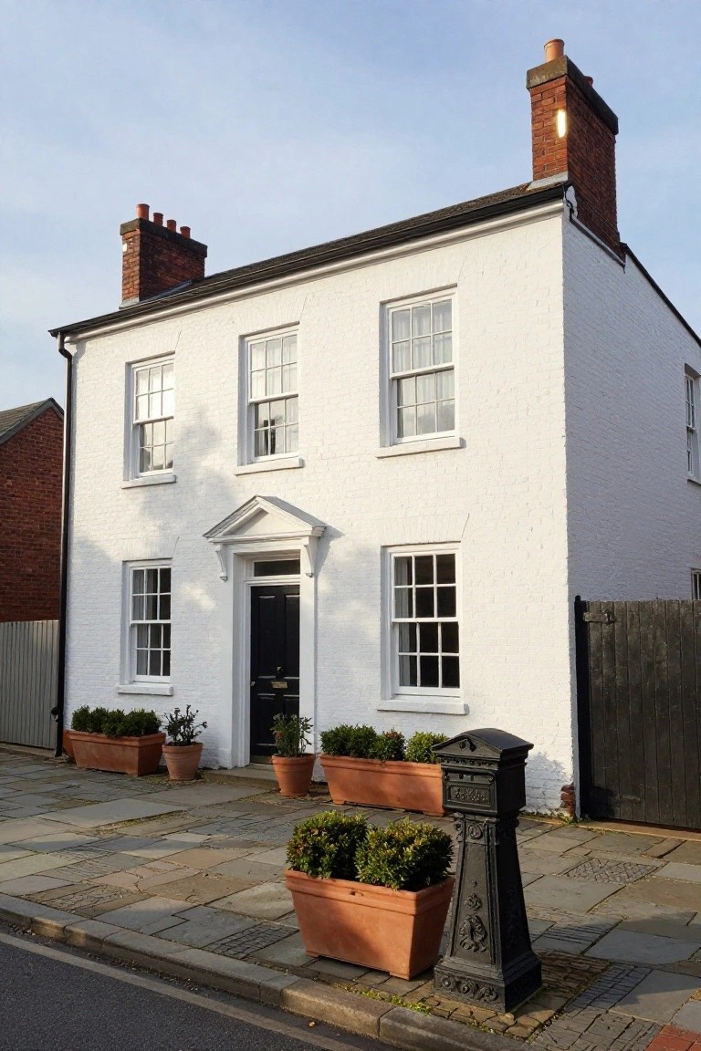 Two-story white brick house with symmetrical sash windows, centered black front door under a pediment, brick chimneys, wooden fence, and terracotta planters with shrubs on a paved front path.