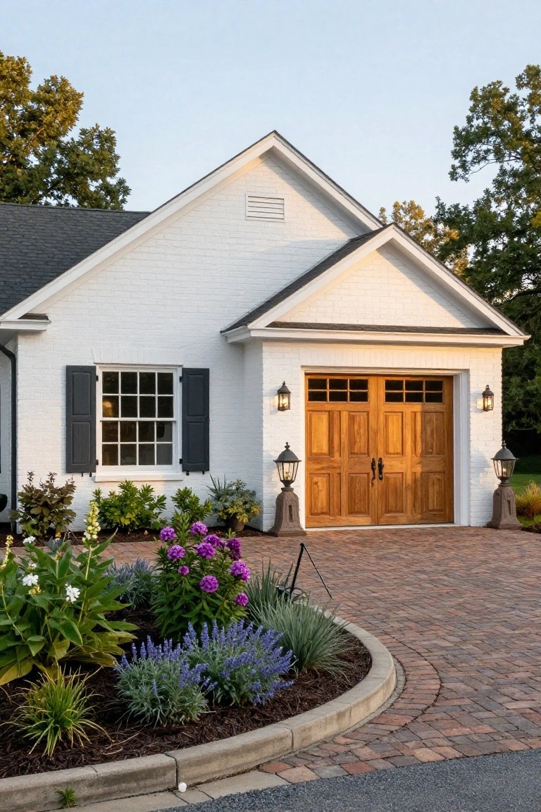 White brick house with gabled roof, dark shutters on a window, wooden double garage door with glass panels, lantern lights, curved brick driveway, and curved flower bed planting with purple flowers and shrubs.