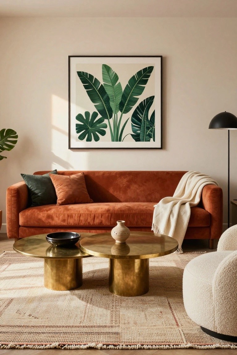 Contemporary living room with burnt orange velvet sofa draped in white throw, green and orange pillows, two brass pedestal coffee tables holding black bowl and vase, cream rug, green leaf wall art, potted plant, black floor lamp, and white sheepskin chair.