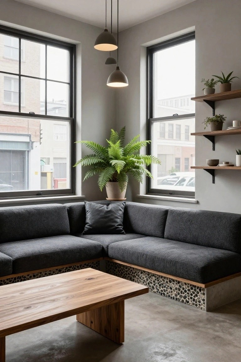 Corner of a contemporary living room featuring a low gray L-shaped sofa on a pebble-embedded platform base, rectangular wooden coffee table, large black-framed windows, potted ferns and plants on wooden shelves, and polished concrete floor.