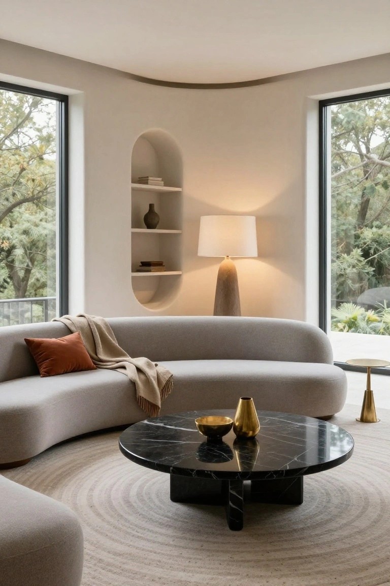 Curved light gray sofa on seagrass rug in rounded-corner room with arched wall niche holding books and vase, tall floor lamp, black marble pedestal coffee table with gold vase and bowl, small gold side tables, and large windows showing trees outside.