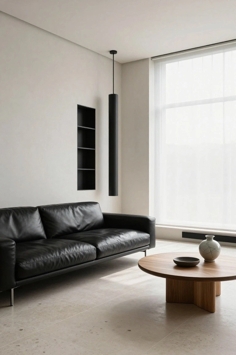 Modern living room with black leather sofa, round wooden coffee table with ceramic vase and bowl, recessed black wall shelves, tall black pendant light, large window with sheer white curtains, and light stone tile floor.