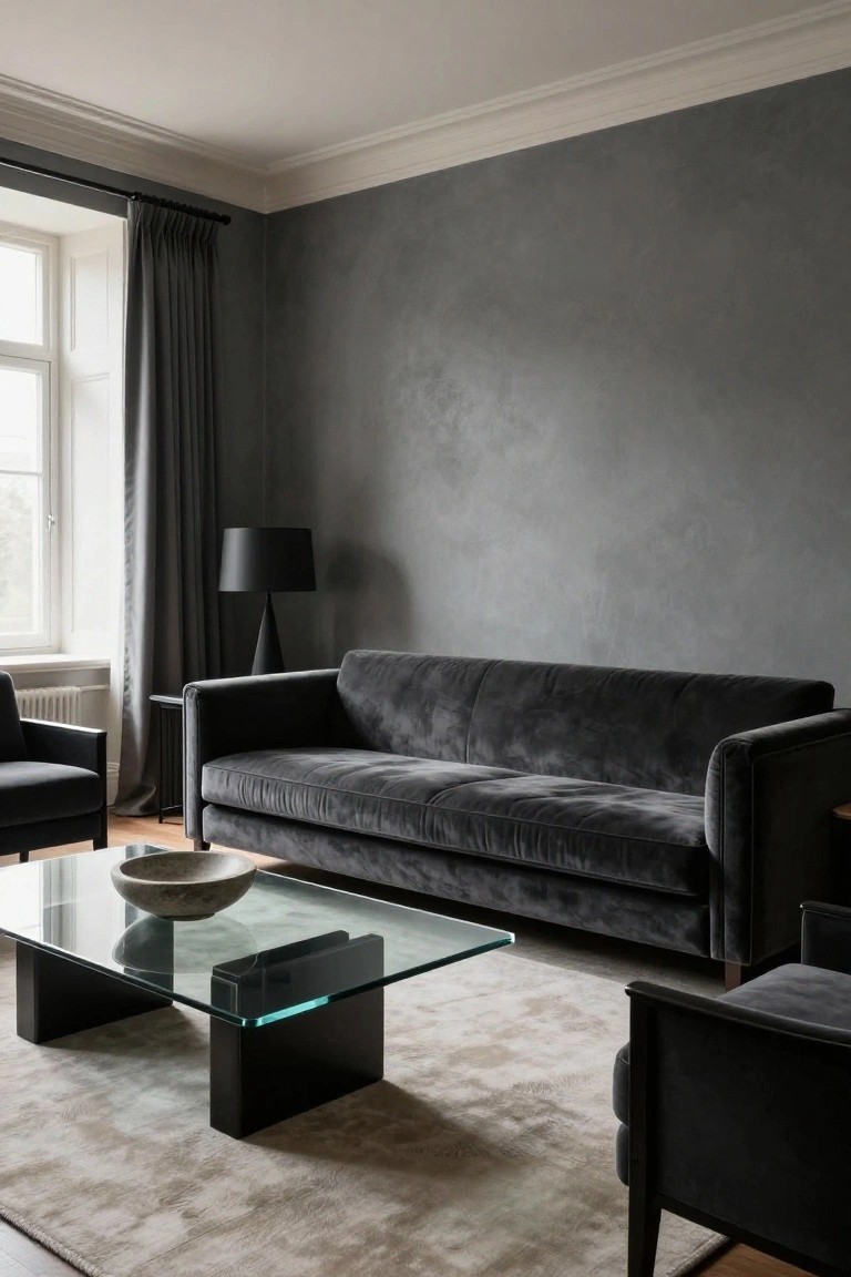 Contemporary living room with charcoal gray velvet L-shaped sofa, two matching armchairs, black-framed glass coffee table holding a stone bowl, light beige rug, black floor lamp, dark gray textured walls, gray curtains on tall window, and side table.