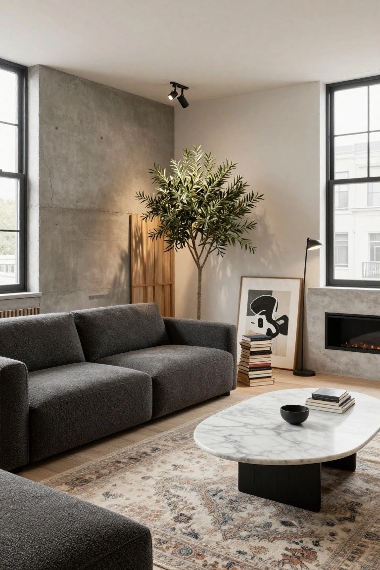 Contemporary living room with exposed concrete accent wall, tall potted olive tree, modular gray sofa, oval white marble coffee table, bookshelves, framed abstract art, and gas fireplace.