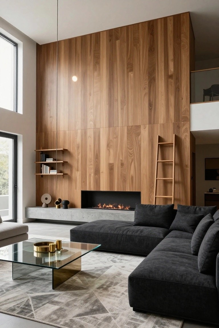Contemporary living room with full-height vertical wood paneling on one wall incorporating a linear gas fireplace, floating shelves, wooden ladder, black L-shaped sofa, glass coffee table, and geometric rug.