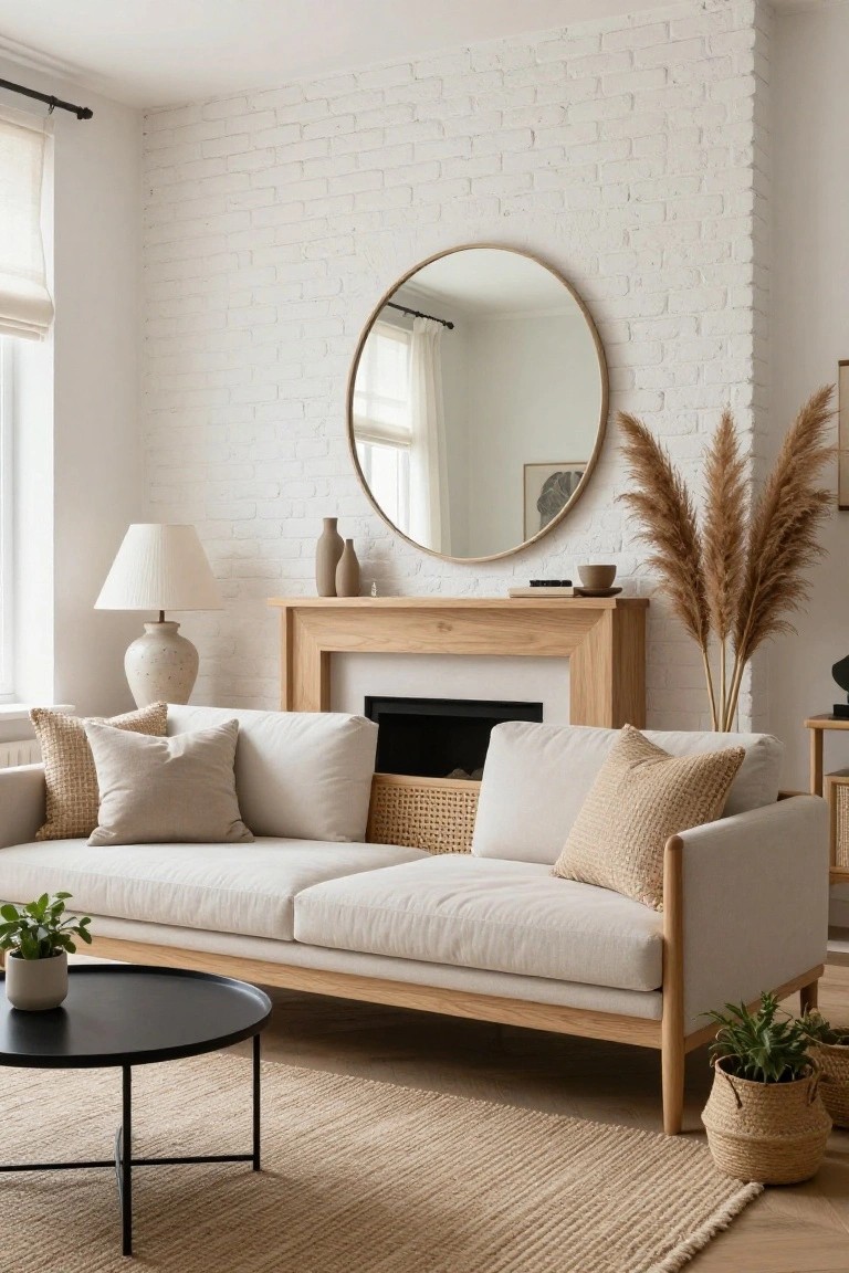Contemporary living room featuring white brick walls, a beige linen sofa with light oak frame, wooden fireplace mantel, large round mirror, tall pampas grass, table lamp, black metal coffee table, and seagrass rug.