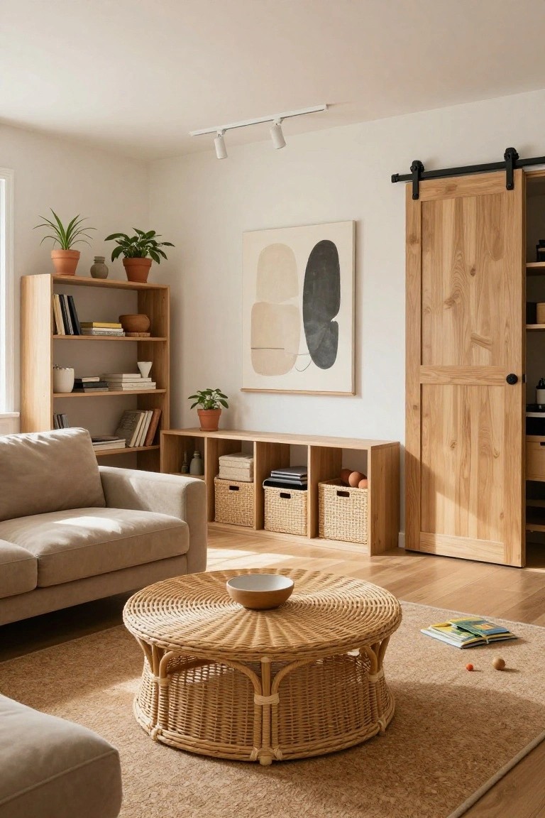 A bright living room featuring a beige sofa, round rattan coffee table with a bowl, oak bookshelves with books and plants, abstract wall art, potted greenery, and a wooden sliding barn door.