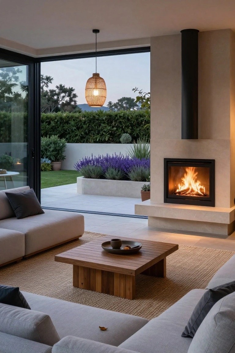 Contemporary living room with light gray L-shaped sofa, wooden coffee table, beige cushions, rattan pendant light, stone fireplace with fire burning, and large open black-framed sliding glass doors revealing a garden with lavender plants, lawn, and outdoor dining table.