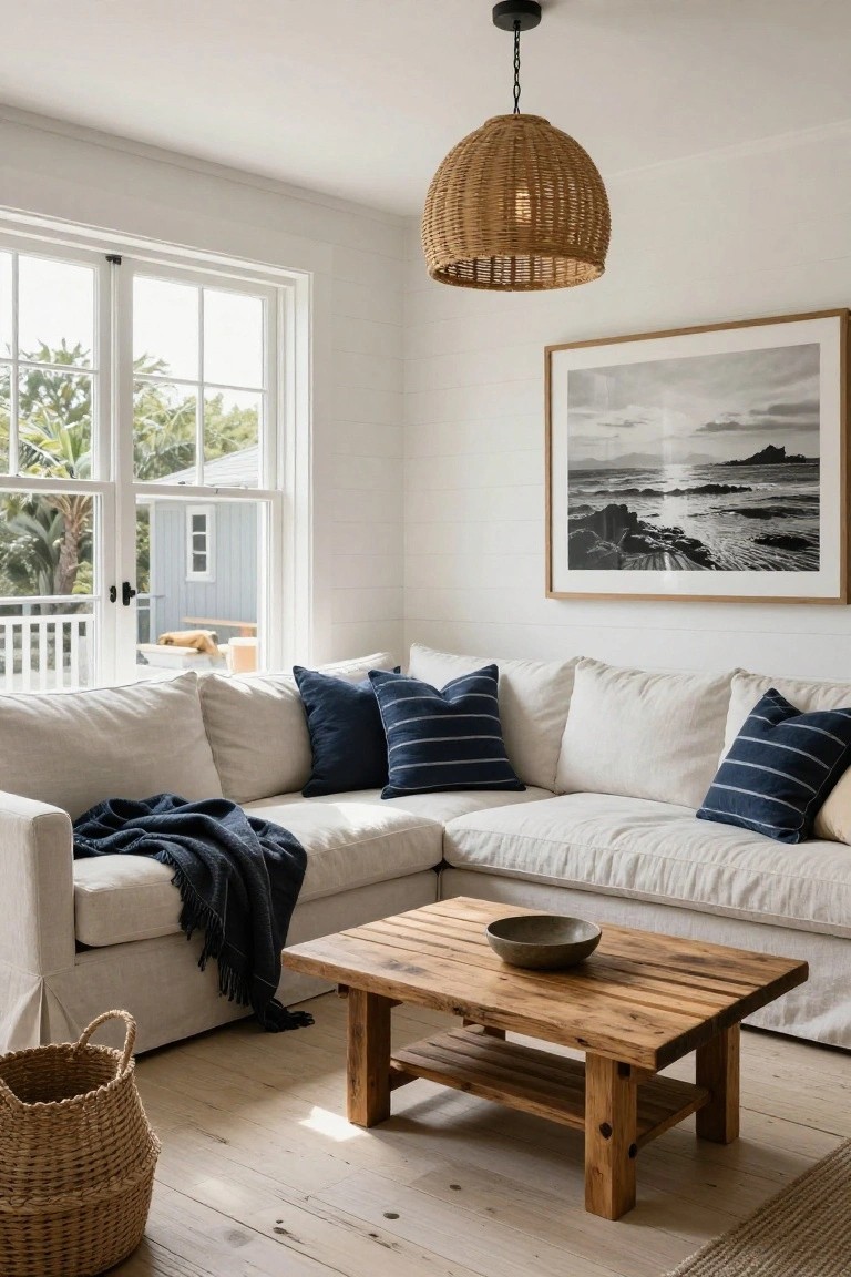 White living room corner with L-shaped cream sofa accented by navy striped pillows and dark blue throw, low rustic wooden coffee table holding a gray bowl, hanging rattan pendant light, large framed black-and-white seascape photo, wicker basket on light wood floors, and large windows showing palm trees and blue exterior building.