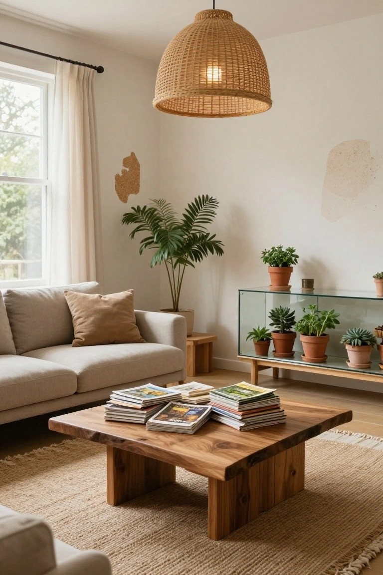 A contemporary living room with a low live-edge wooden coffee table holding stacked magazines and books, a light beige sofa with tan pillows, potted plants on a glass display shelf, a tall palm plant, and a rattan pendant light overhead.