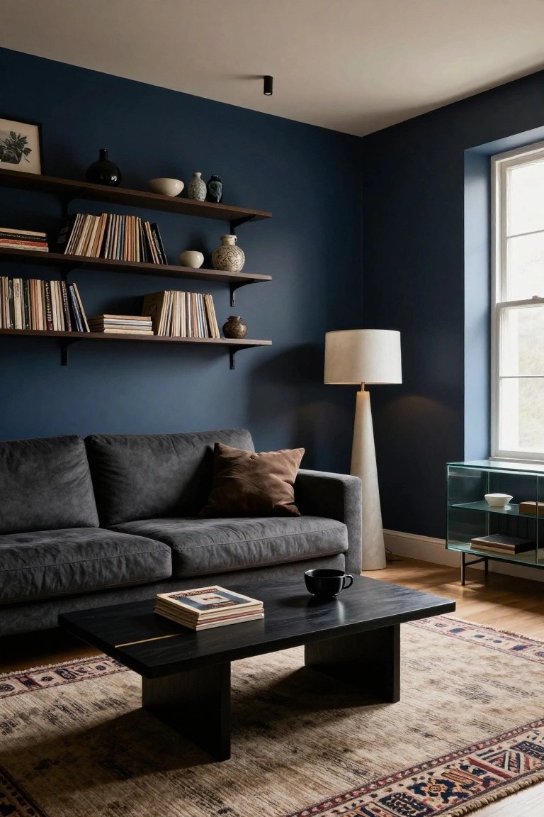 Living room corner with deep navy blue walls, three tiers of wooden floating shelves holding books, vases, bowls, and ceramics, gray upholstered sofa, tall pedestal lamp, glass sideboard, black coffee table with magazines, and beige patterned rug on wood floor.