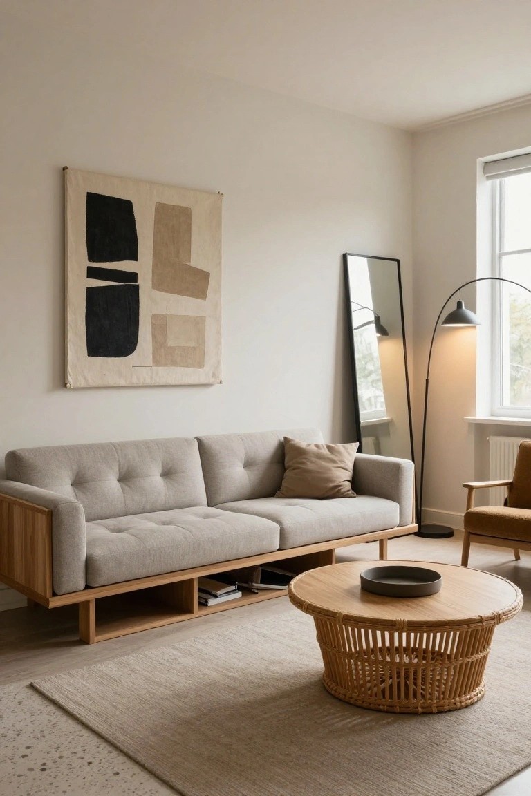 A light gray tufted sofa with wooden frame and open shelving underneath sits in a beige living room with a rattan coffee table, arc floor lamp, full-length mirror, and abstract canvas art on the wall.