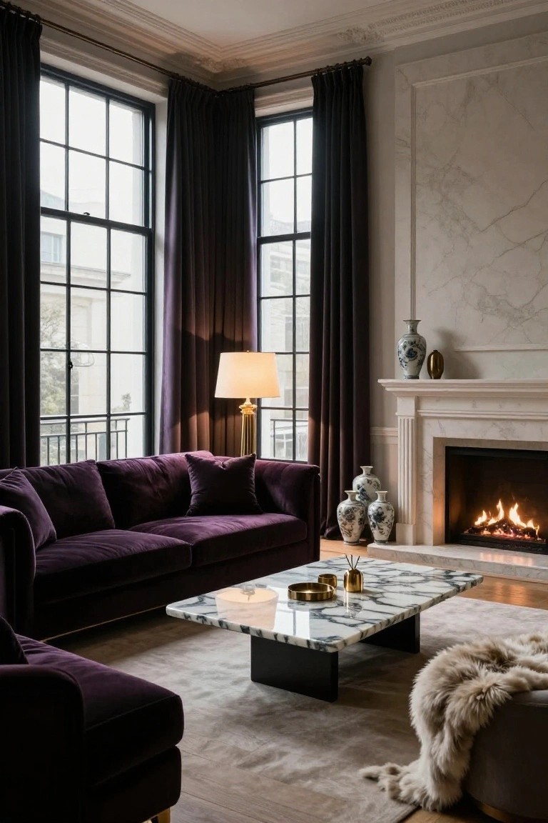 Contemporary living room with deep purple velvet L-shaped sofa and armchair, white marble coffee table, marble fireplace with blue-and-white vases, heavy purple drapes on tall black-framed windows, fur rug, and gold lamp.