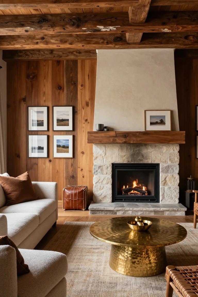 A living room with vertical wood paneling on walls, exposed wooden beams on ceiling, creamy stone fireplace with gas flames, white sofa with rust pillows, brass coffee table holding fruit bowl, leather ottoman, and framed landscape photos.