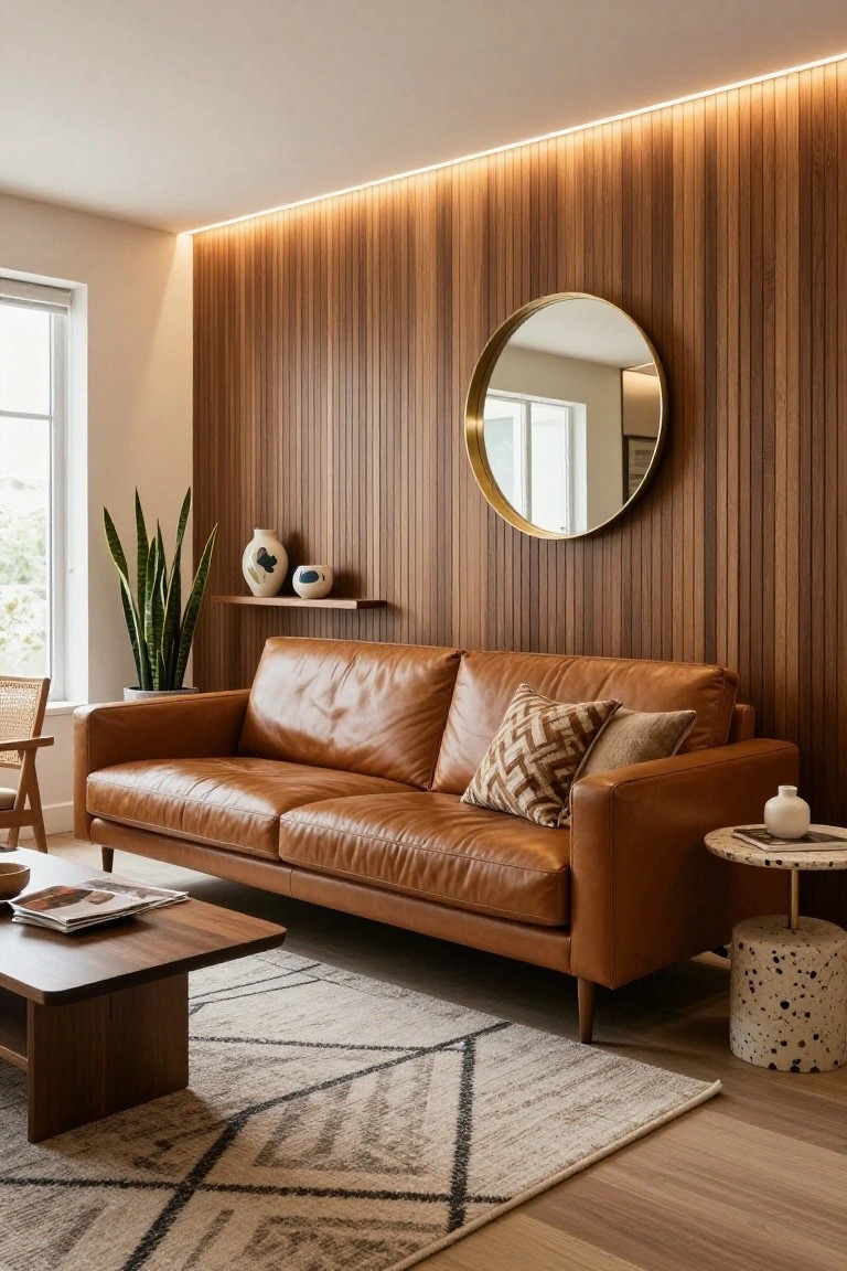 Contemporary living room featuring a tan leather sofa, low wood coffee table, patterned rug, potted snake plant, wood slat accent wall with top LED lighting, large gold-framed round mirror, and ceramic vases on a shelf.
