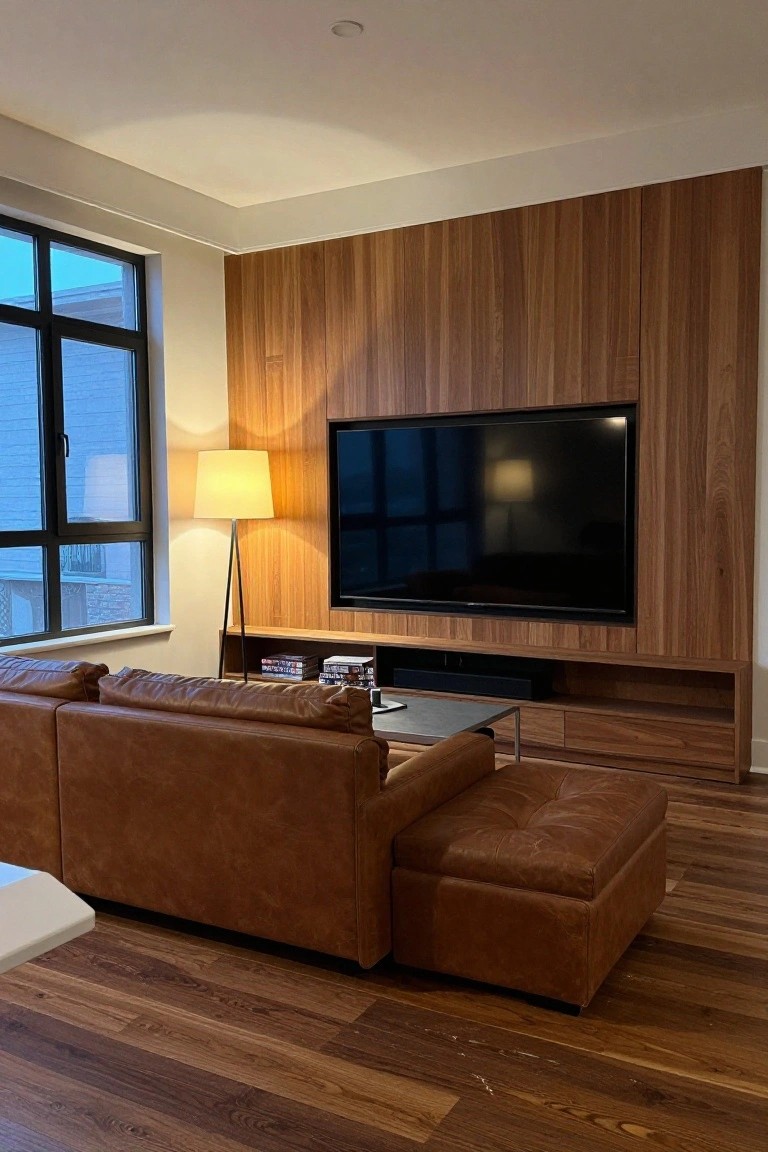 Contemporary living room featuring a large wood-paneled wall with mounted TV, built-in shelves and cabinets, brown leather L-shaped sofa with ottoman, glass coffee table, floor lamp, and hardwood floors.