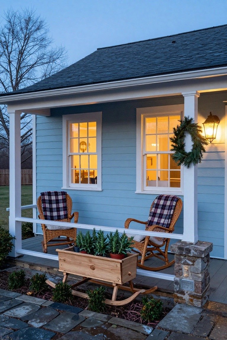 Light blue clapboard cottage exterior at dusk with white porch railing, two wicker rocking chairs draped in plaid blankets, evergreen wreath beside lit lantern on siding, wooden sleigh-style planter holding rosemary plants, and stone pillar base.