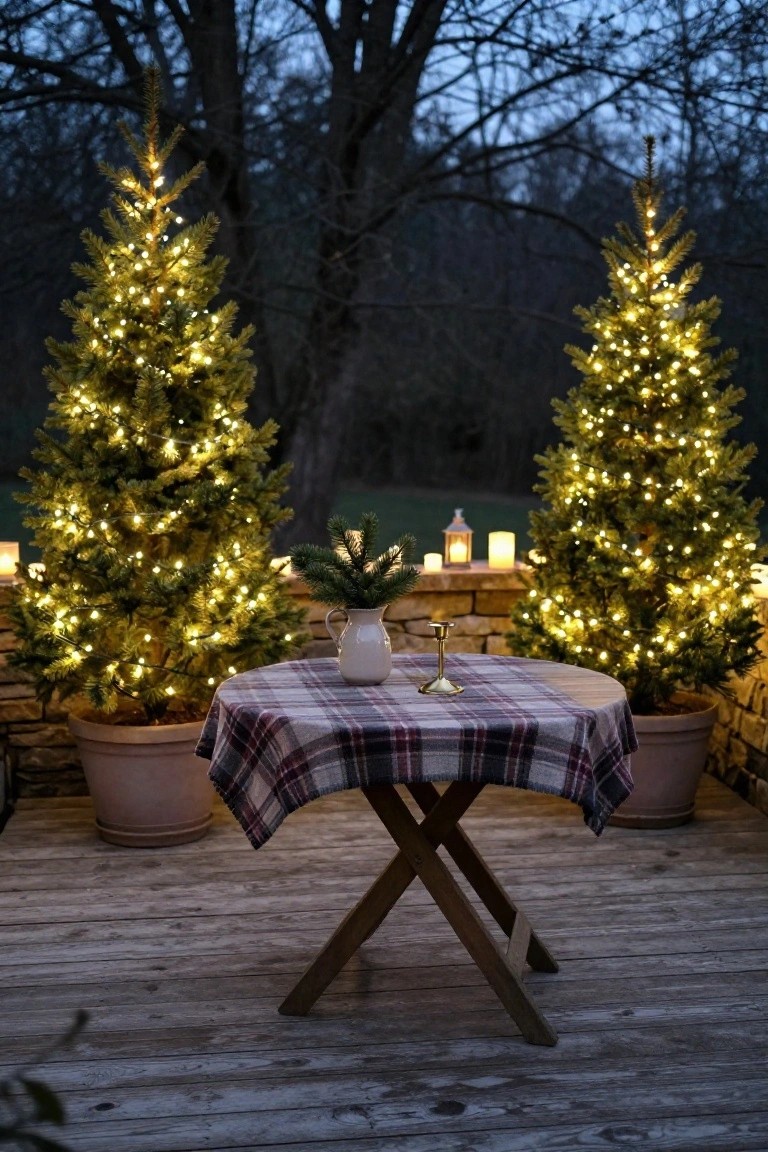 Deck Table with Lit Christmas Trees