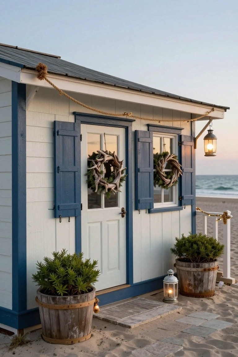 Small white clapboard cottage with blue shutters and trim on a sandy beach, featuring driftwood wreaths on double doors and windows, potted shrubs in wooden barrels, hanging lanterns, nautical rope, and garlands at dusk.