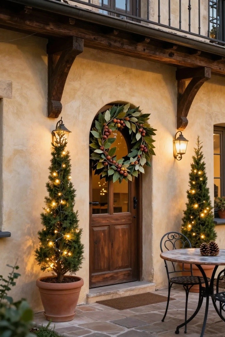 Frame Your Door with Lit Potted Trees