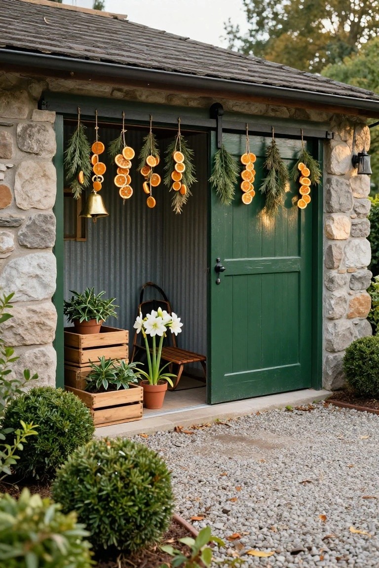 Stone-walled garage with open dark green sliding door decorated by hanging strings of dried orange slices, pine branches, dried herbs, and a brass bell, plus potted plants inside and clipped boxwood shrubs outside on gravel ground.