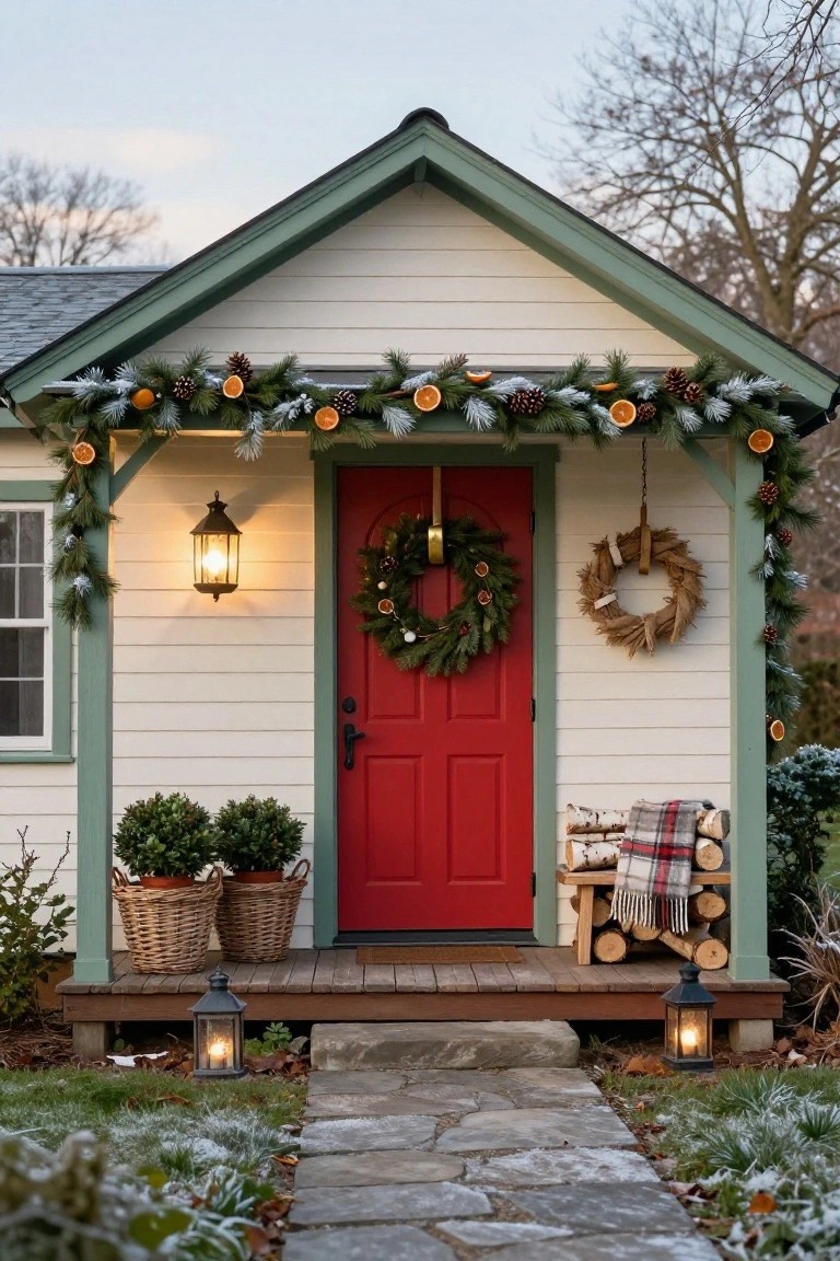 White cottage with green trim and red front door on a porch, decorated with garland of greenery, dried oranges, and pinecones along eaves and posts, two wreaths on wall and door, potted plants, firewood bench with blanket, lanterns, and stone path with frost.