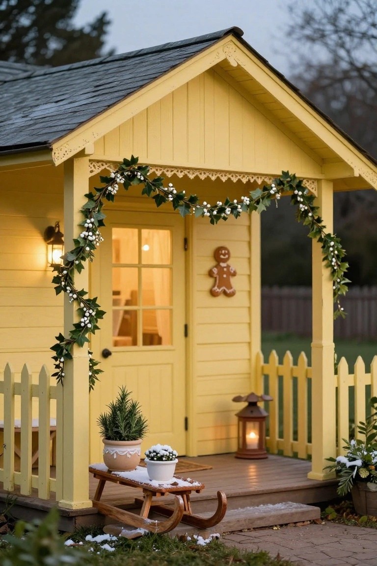 Small yellow wooden playhouse with gabled roof, decorated for Christmas with ivy garlands and white berries on porch posts, gingerbread man plaque on side wall, lit lanterns, potted plants, wooden sled on snowy porch steps, and white picket fence.