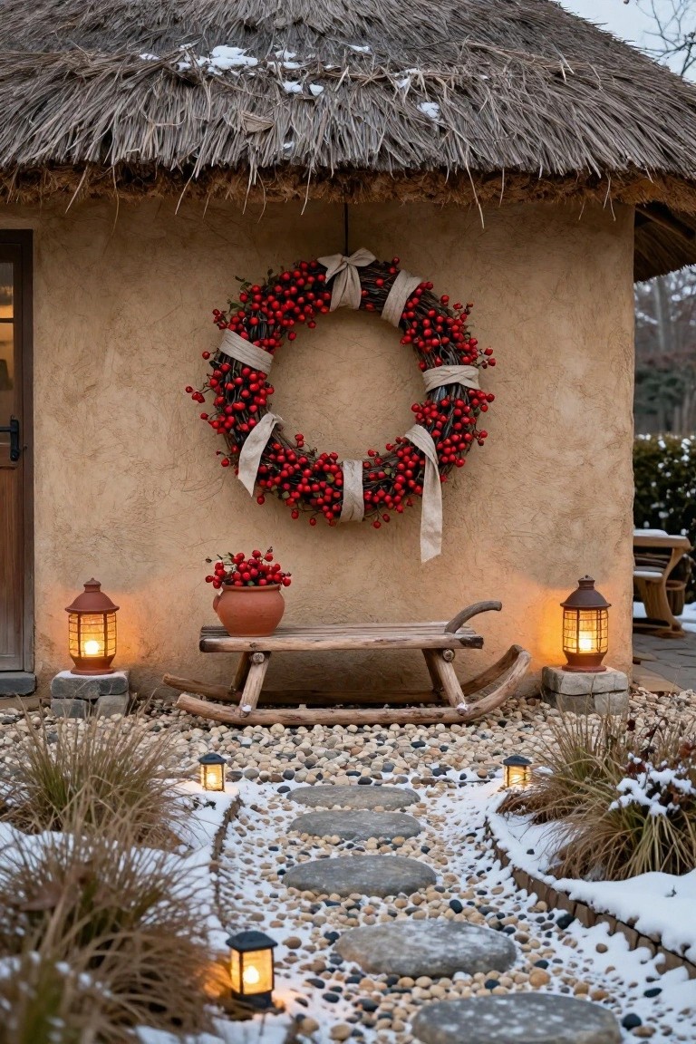 Thatched-roof cottage with beige mud walls featuring a large red berry wreath with linen bow next to the wooden door, flanked by terracotta lanterns, a wooden sleigh bench on a stone platform, and a gravel path lined with ornamental grasses and path lights in light snow.