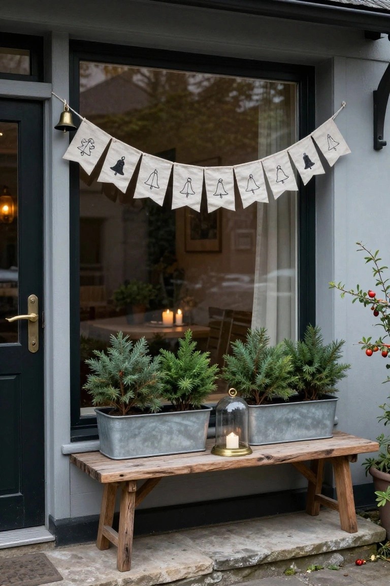 Gray house exterior with dark green front door and window, beige fabric bunting garland with black line drawings of bells and trees hanging above, rustic wooden bench on stone steps holding three galvanized metal planters with small evergreen trees and a glass cloche lantern with candle.