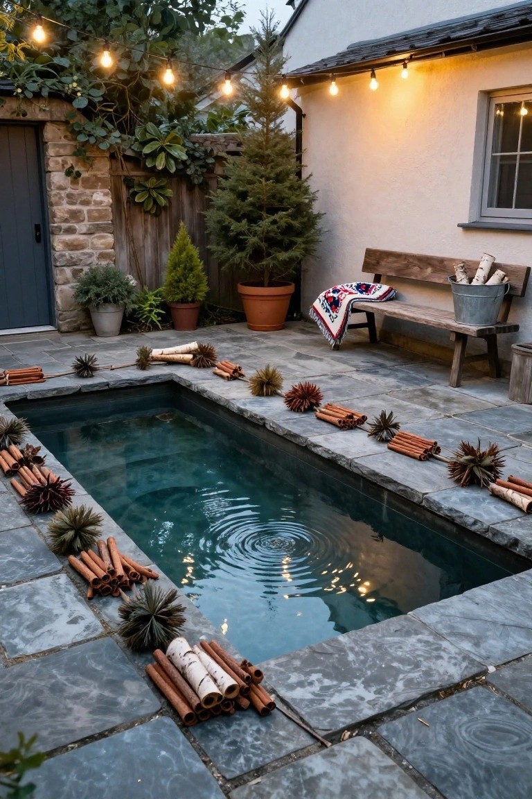 Small rectangular inground pool edged with arrangements of cinnamon sticks, birch bark logs, and spiky dried plants on gray stone pavers, next to a wooden bench with a colorful blanket and bucket, string lights overhead, plants, and a stone cottage wall in the background.