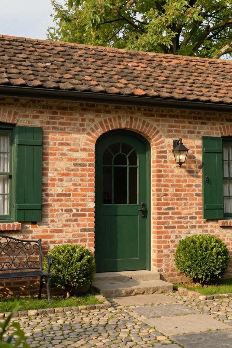 Small brick cottage exterior featuring a green arched wooden door, green shutters on flanking windows, a black metal lantern light, wrought iron bench, boxwood shrubs, and cobblestone pathway.