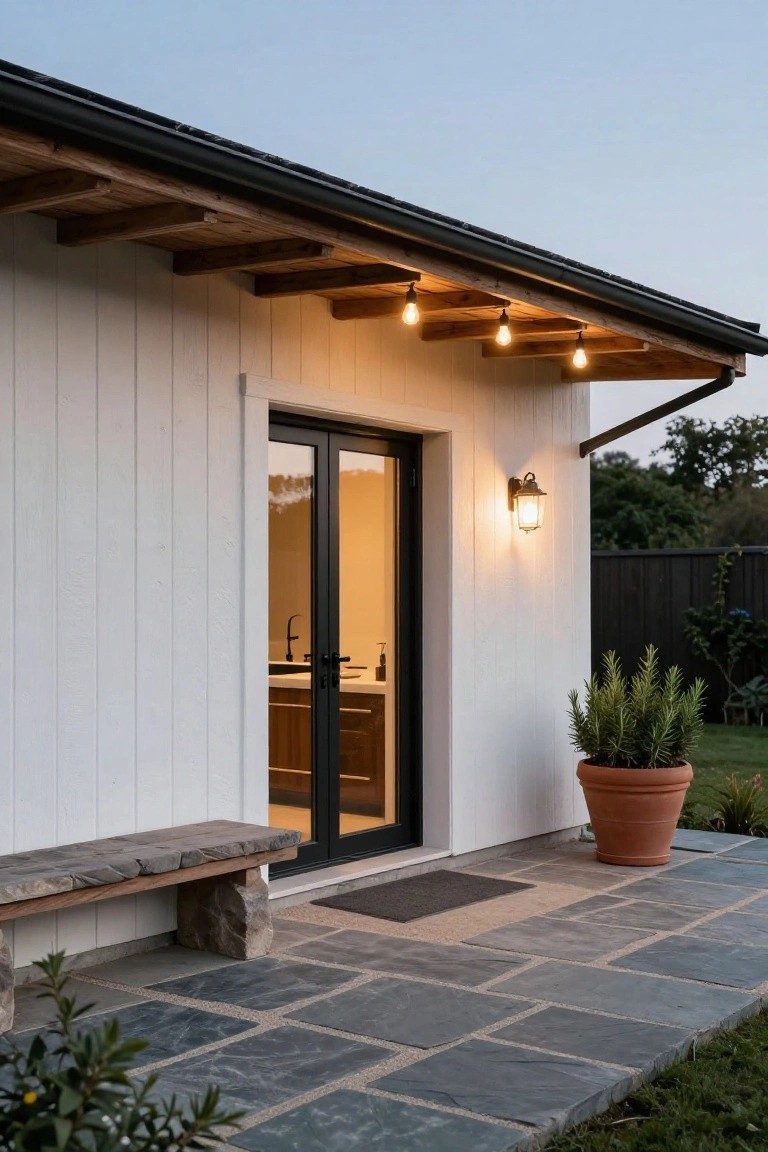 White board-and-batten exterior wall of a cottage with exposed wooden beams, black-framed glass French doors, wall lantern light, string lights under eaves, stone-supported wooden bench, potted rosemary plant, and slate tile patio.