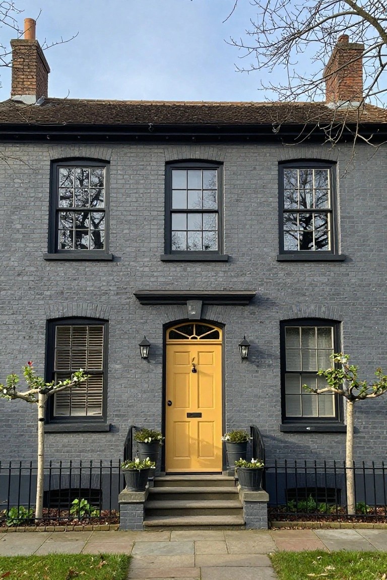 Front exterior of a two-story gray brick house with black window frames, yellow arched front door, wall lanterns, potted plants on steps, small trees by black iron fence, and stone path.