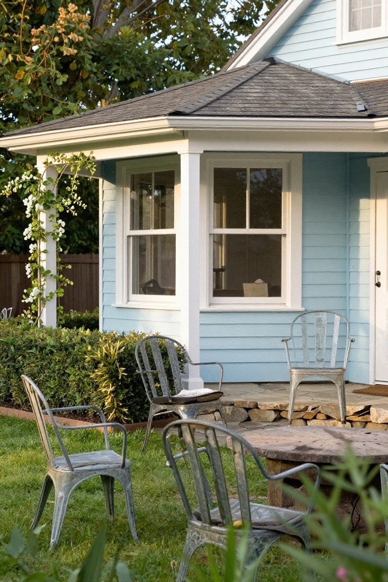 Light blue cottage house with side porch and patio featuring several weathered galvanized metal armchairs arranged around a large tree stump table, edged by stones and surrounded by shrubs, vines, and grass.