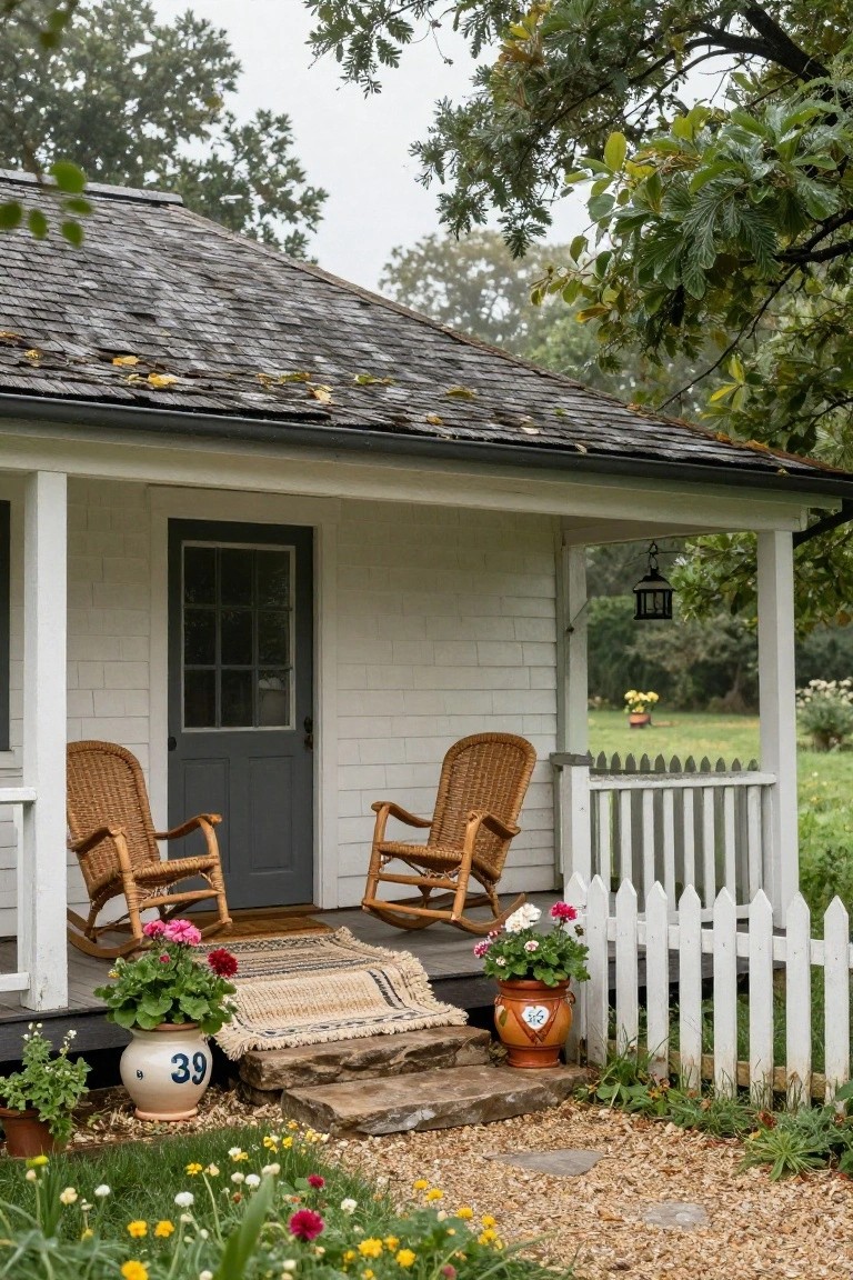 White clapboard cottage with gray front door and shingle roof, featuring a covered porch with two wicker rocking chairs, potted plants on the steps, stone stairs, gravel path, white picket fence, and surrounding trees and flowers in misty weather.